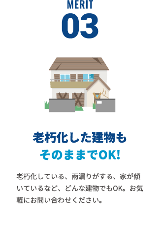 老朽化した建物もそのままでOK!老朽化している、雨漏りがする、家が傾いているなど、どんな建物でもOK。お気軽にお問い合わせください。